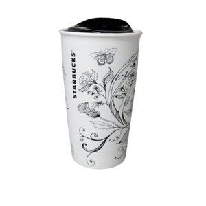 2014 Starbucks Travel Coffee Mug Black and White Floral Pattern and Black Lid​